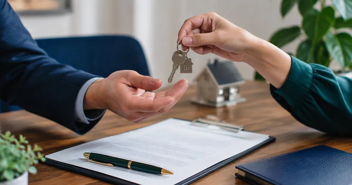 House keys being handed over across a desk with loan papers