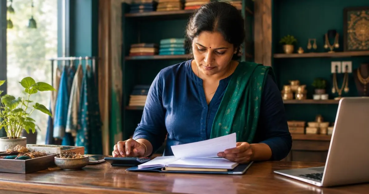 Shop owner reviewing her accounts with a calculator