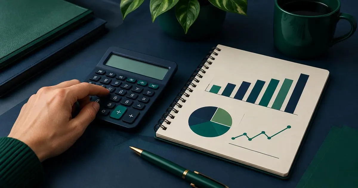 Hand using a calculator beside a notebook of charts