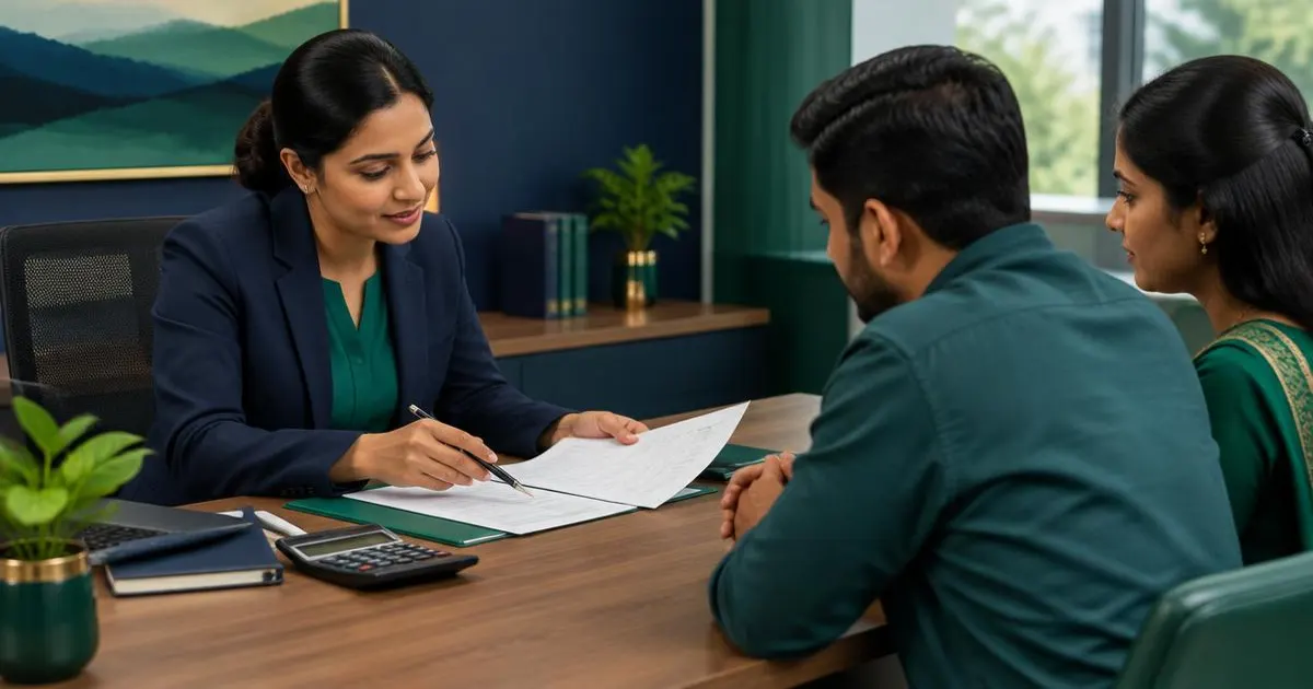 Loan advisor explaining terms to a couple across a desk