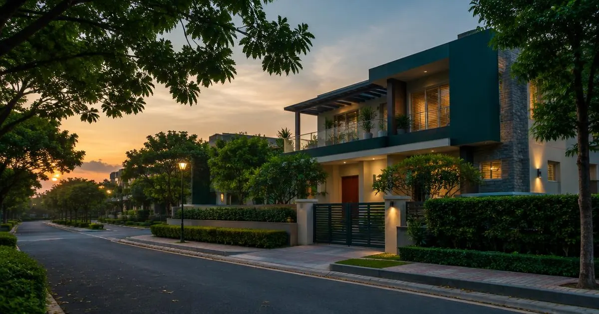 Modern independent house on a tree-lined street at dusk