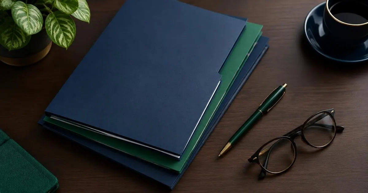 Stack of document folders with a pen and glasses on a desk