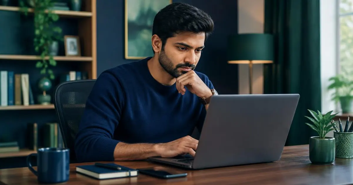 Man reviewing information on his laptop at a home desk