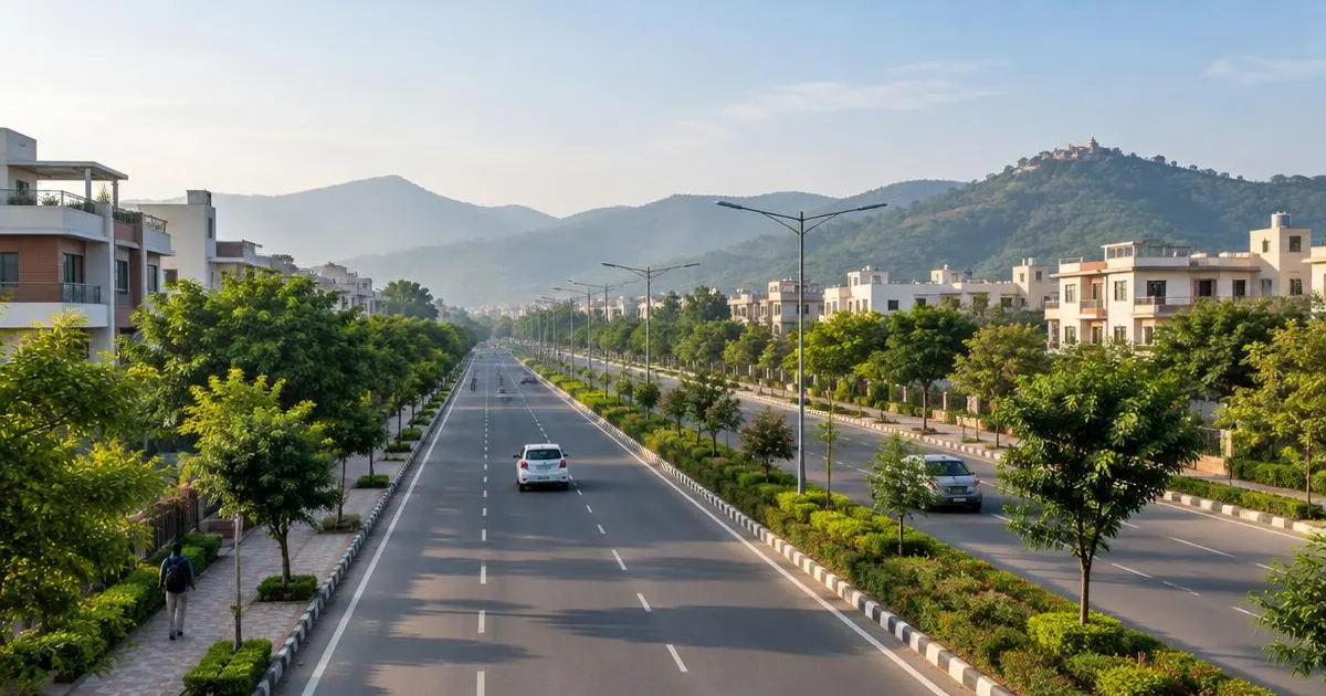 Tree-lined boulevard in a planned city with hills behind