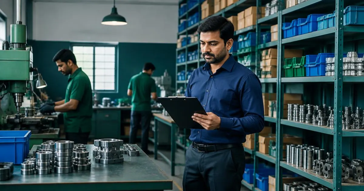 Manager checking stock in a small manufacturing workshop